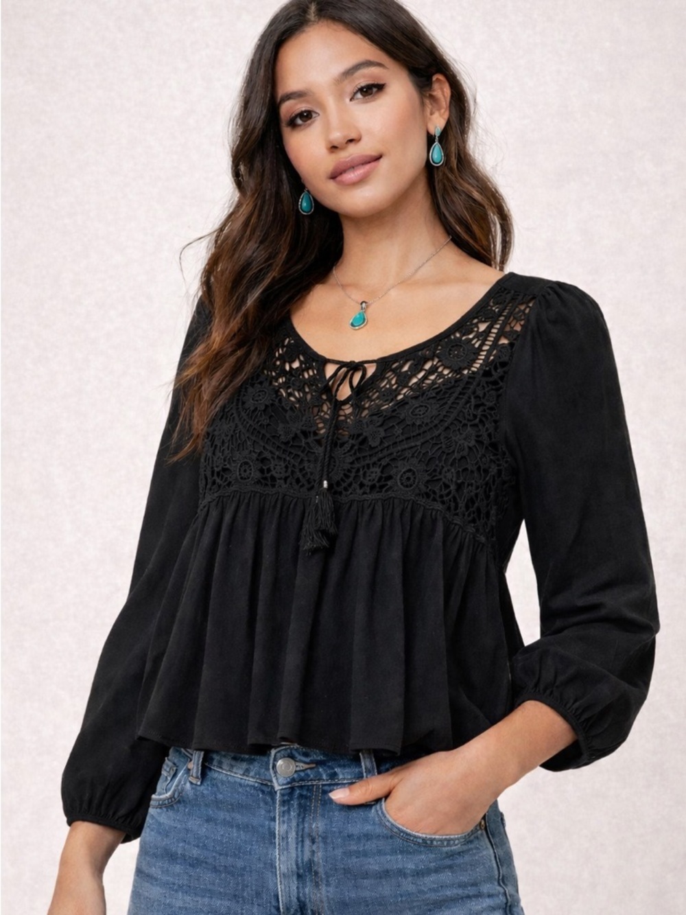 Black Crochet Lace Boho Babydoll Top Tassel Peasant Blouse NWT S